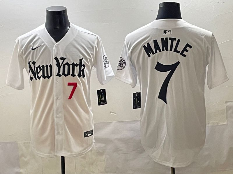 Men 2025 New York Yankees #7 Mantle White Five generations Joint Name Nike MLB Jersey style 2